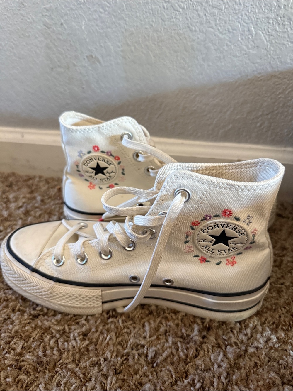 Converse White High-Top Sneakers with Pink Flower Embroidery